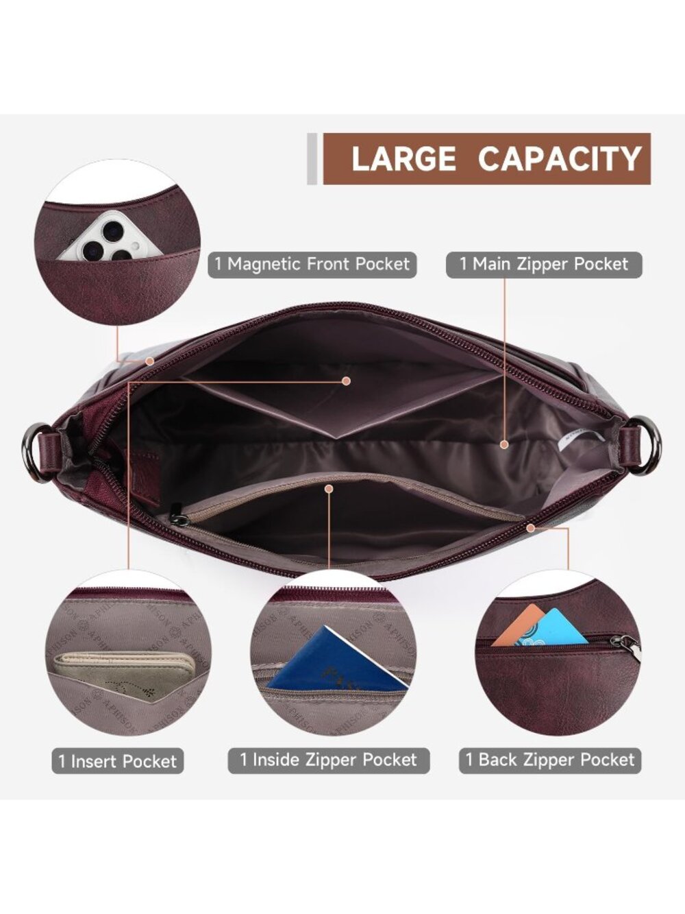 👜Women's Grape Leather Crossbody Purse Shoulder Bag Wide Strap Travel - Picture 3 of 6